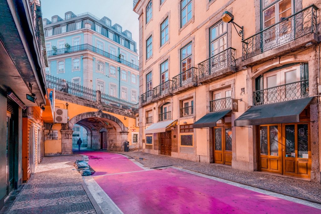 Beautiful and unique pink street in "Cais do Sodré" in Lisbon, Portugal